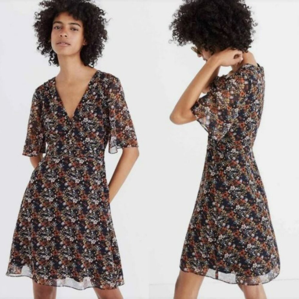 Madewell | Orchard Floral Flutter Sleeve Mini Dress | Navy, Brown, Size 14